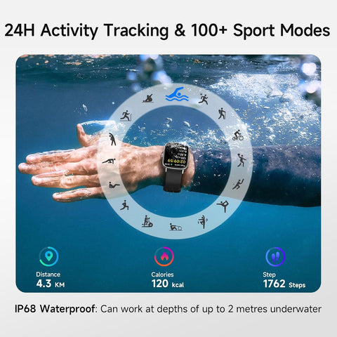 Smart Watch for Men Women, 1.85" HD Smartwatch Compatible iPhone/Samsung/Android (Answer/Make Calls), 100+ Sport Modes Fitness Tracker with Heart Rate/Sleep/SpO2 Monitor, IP68 Waterproof, 2 Bands