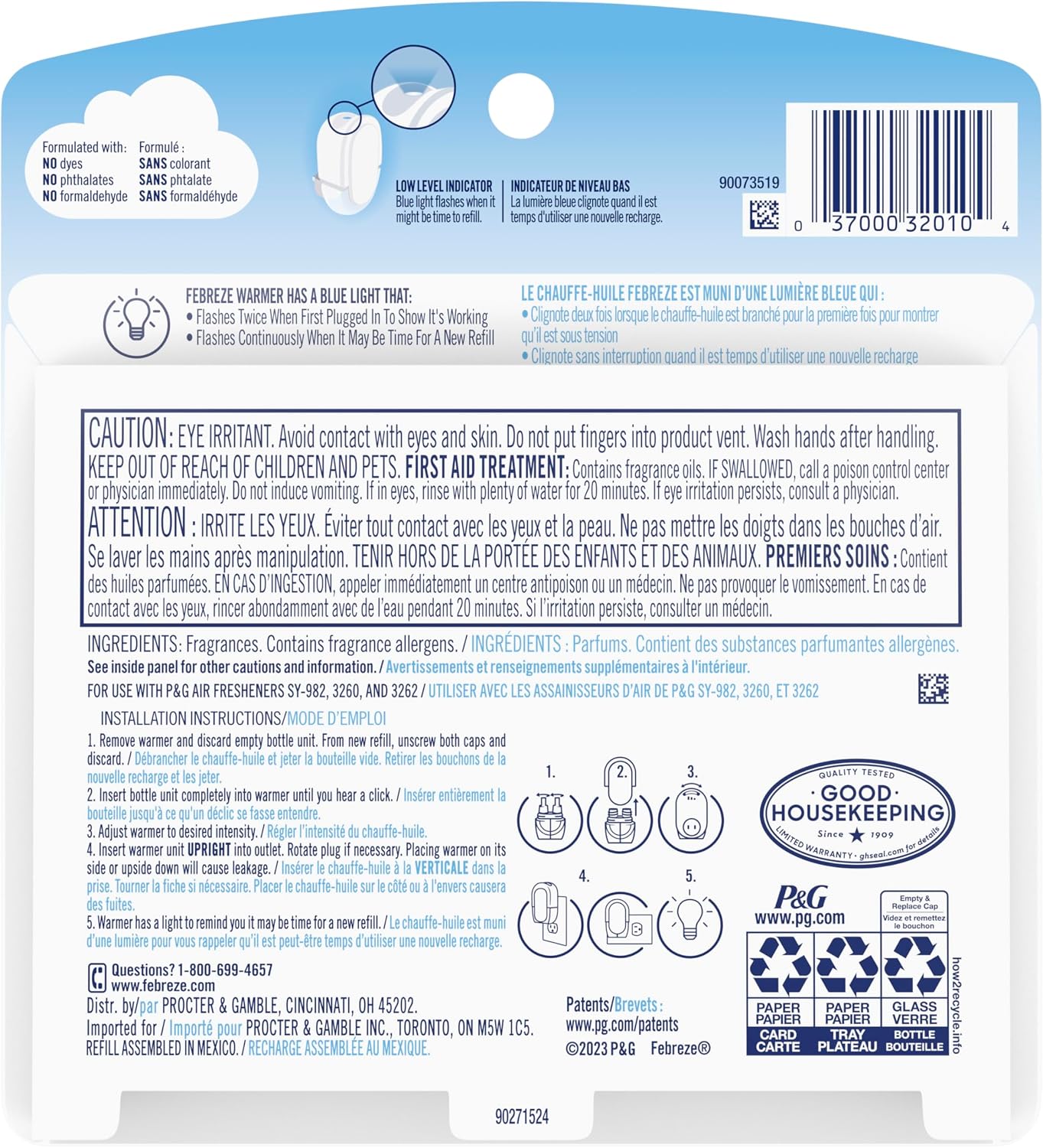 Febreze Plug In Air Freshener, Odor-Fighting Scented Oil Refill, Air Fresheners for Home and Bathroom and Kitchen, Long Lasting for Strong Odors, Gain Original Scent, 0.87oz Refills, 2 Count