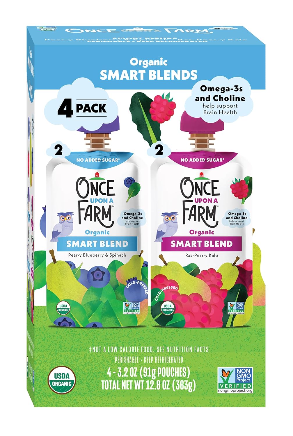 Once Upon a Farm Organic Smart Blend, Pear-y Blueberry and Spinach and Rasp-Pear-y Kale Variety 4PK, Kids Snack, 3.5oz Pouch