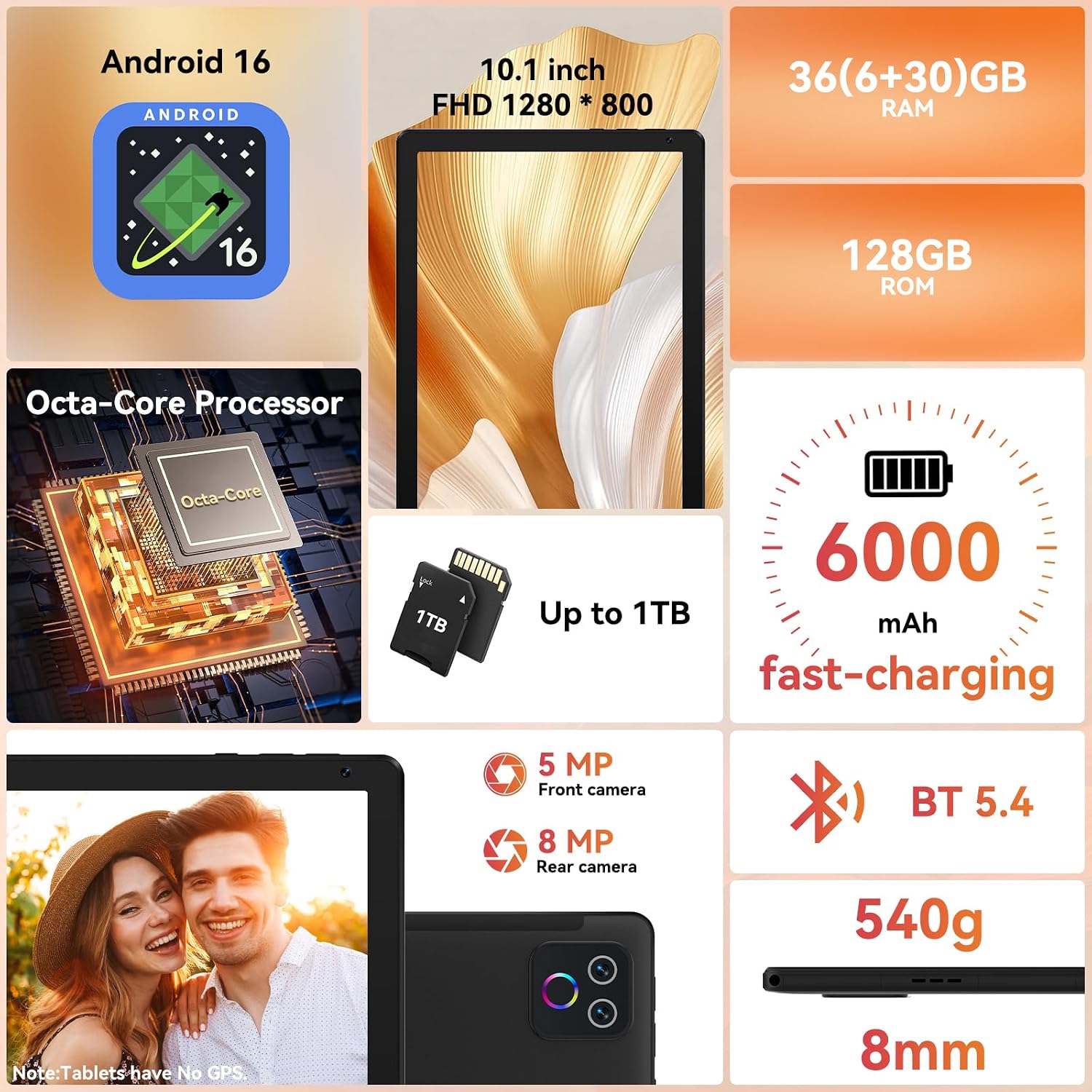 URAO Tablet,10.1" Android 16 Tablet Octa-core 36GB+128GB Dual Camera