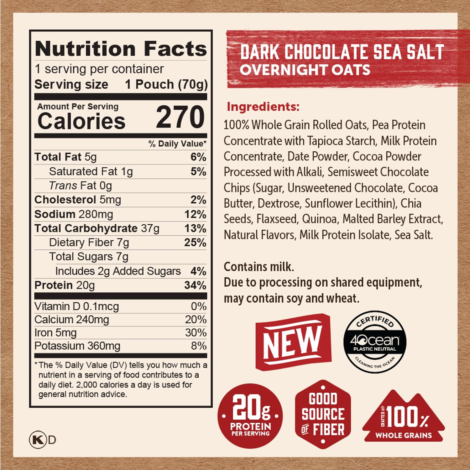 Kodiak Protein Overnight Oats, Dark Chocolate Sea Salt, High Protein, 9pk