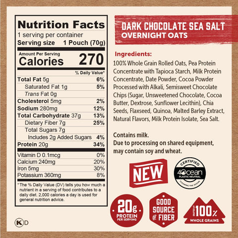 Kodiak Protein Overnight Oats, Dark Chocolate Sea Salt, High Protein, 9pk