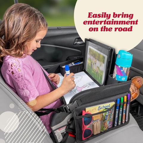 Lusso Gear Travel Car Seat Tray - Dry Erase Board & Secure Tablet Holder for Toddler Travel - Durable 600D Oxford Cloth with Snack & Toy Compartments for Road Trip Essentials for Kids - Pink Unicorn