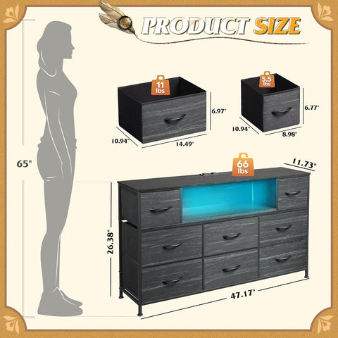WLIVE Dresser TV Stand for 55 Inch TV, 8 Drawers, LED, Black Wood Grain