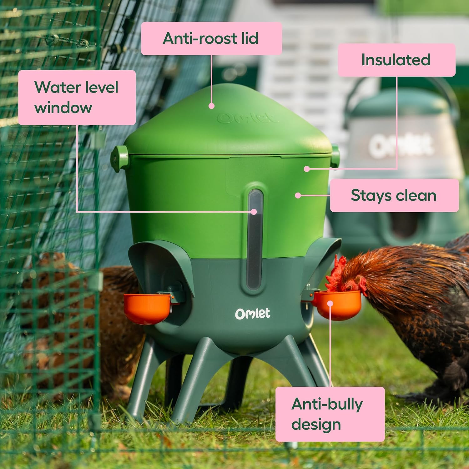 Omlet Insulated Chicken Waterer, 1.5 Gallon | Stay-Clean Automatic Water Dispenser for Chickens | BPA-Free | Anti-Roost Domed Lid | Includes 3 Cups & Nipples | Eglu Green