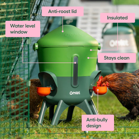 Omlet Insulated Chicken Waterer, 1.5 Gallon | Stay-Clean Automatic Water Dispenser for Chickens | BPA-Free | Anti-Roost Domed Lid | Includes 3 Cups & Nipples | Eglu Green
