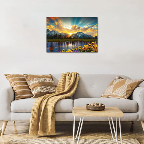 SKASNFAI Grand Teton National Park Wall Art Sunflower Landscape Canvas Mountain Artwork Landscape Print for Living Room Framed (20x30 inch)