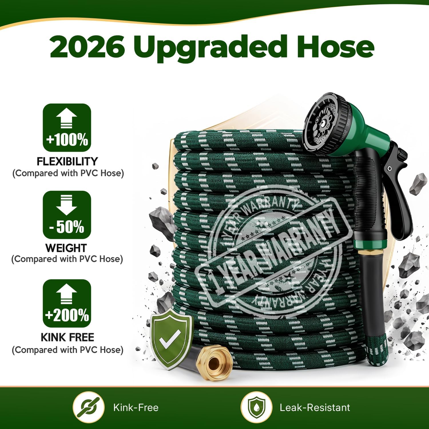 Garden Hose 100 ft, 2026 Upgraded Kink Free Flexible Water Hose 100ft With 10 Pattern Spray Nozzle, Leak-Proof, Portable, Ultra Lightweight & Durable Garden Hose for Yard, Lawn, Outdoor (DarkGreen)
