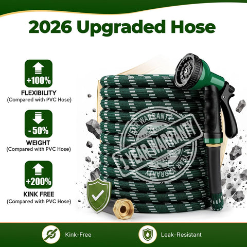 Garden Hose 100 ft, 2026 Upgraded Kink Free Flexible Water Hose 100ft With 10 Pattern Spray Nozzle, Leak-Proof, Portable, Ultra Lightweight & Durable Garden Hose for Yard, Lawn, Outdoor (DarkGreen)