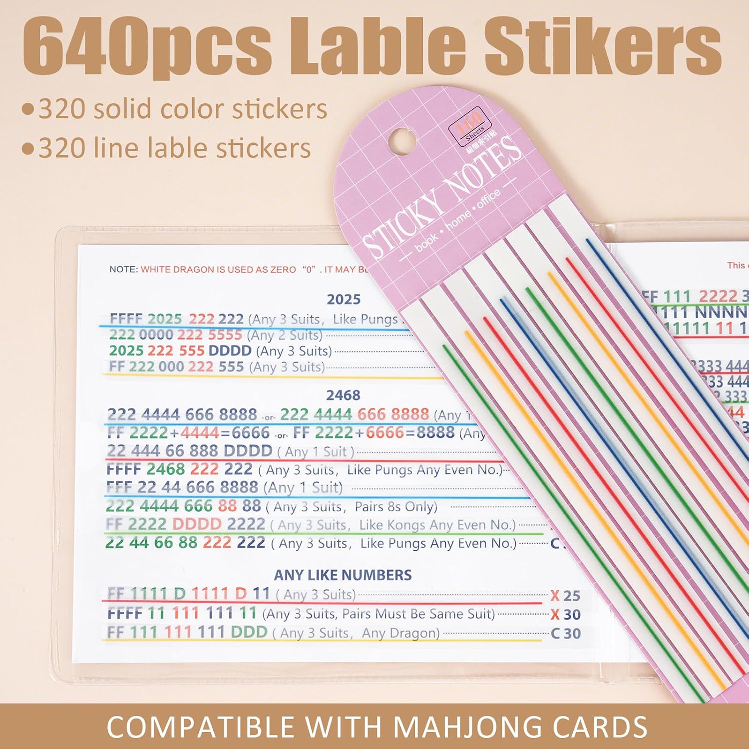 640 Pcs Mahjong Card Line Finder Highlighter Tape, Mahjong Line Highlighter Stripe, Transparent Sticky Card Markers Tabs, Mahjong Game Rule Reader, Reusable & No Adhesive Residue (Solid color + Lines)