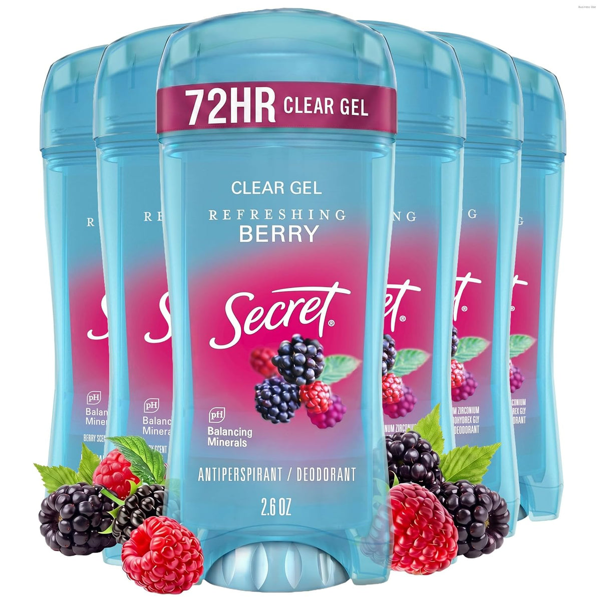 Secret Fresh Antiperspirant Deodorant for Women, 72hr Breathable Sweat & Odor Protection, Instant Freshness & Gentle, PH Balancing Minerals, Clear Gel, Refreshing Berry Scent, 2.6 oz (Pack of 6)