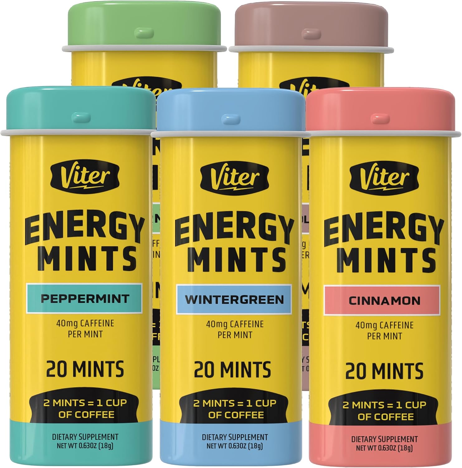 Viter Energy Caffeine Mints 40mg Variety Pack, Sugar Free, 5 Tins, 100ct