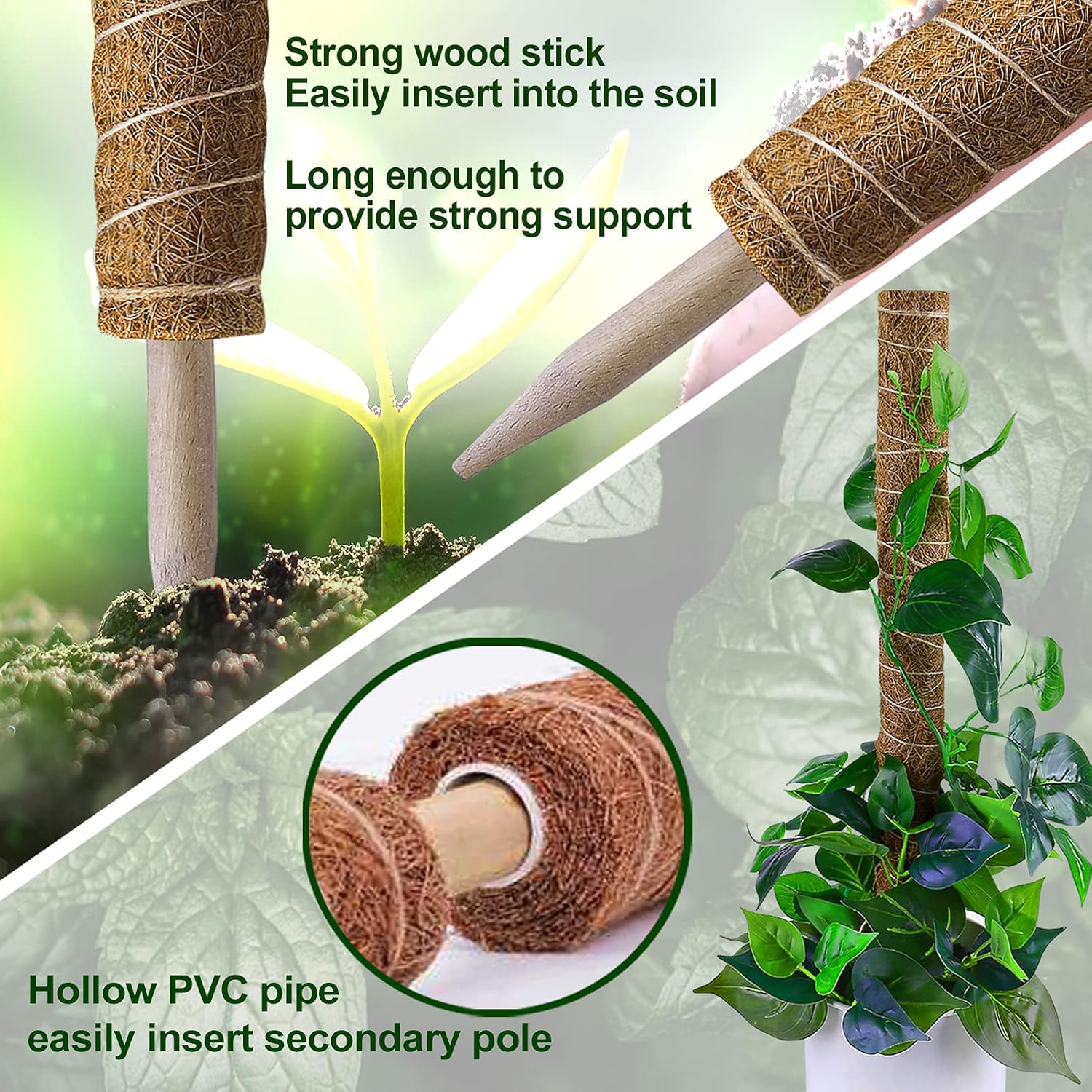 Fabulas Moss Pole 58.7 Inch - Monstera Plant Support 5 Pack, 17.5" and 12" Plant Stakes for Indoor Plants Coco Coir Moss Pole Sticks for Climbing Potted Live Plants, Pothos, Philodendron