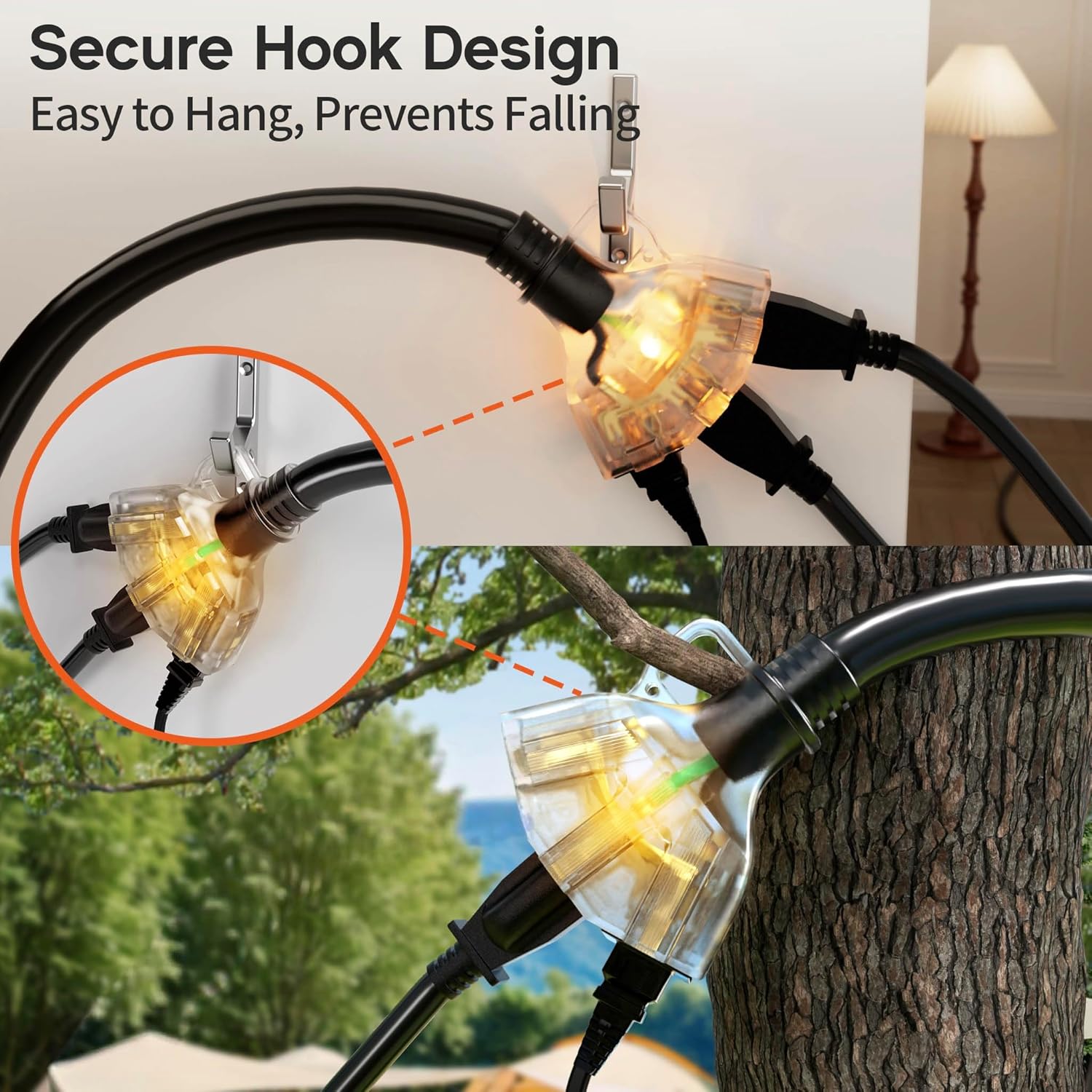 50FT 16 Gauge Black Outdoor Extension Cord with Multiple Outlets