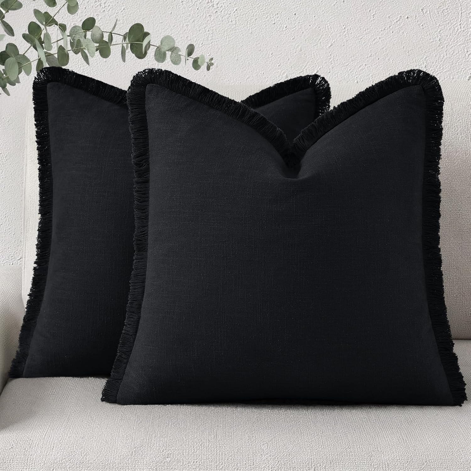 decorUhome Linen Fringe Black Throw Pillow Covers 16x16 Set of 2
