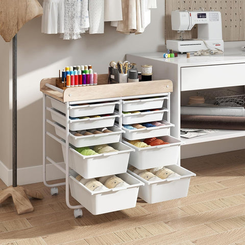 Giantex Rolling Storage Cart with 10 Drawers, Utility Cart w/Wooden Tabletop, Handle, Lockable Wheels, Multipurpose Organizer for Art Craft Scrapbooks Paper, Drawer Carts for Dorm School Office, White