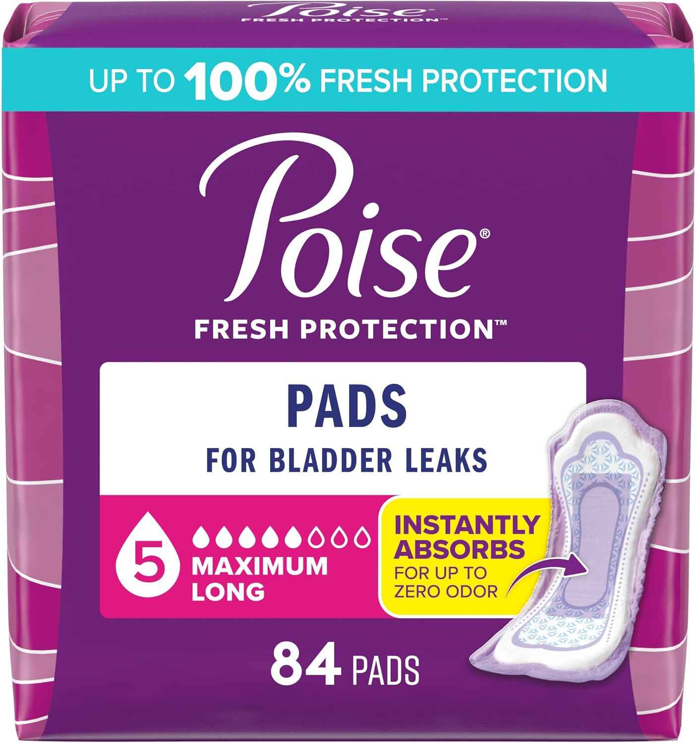 Poise Incontinence & Postpartum Pads for Bladder Leaks, 5 Drop Maximum Absorbency, Long Length, 84 Count, Packaging May Vary