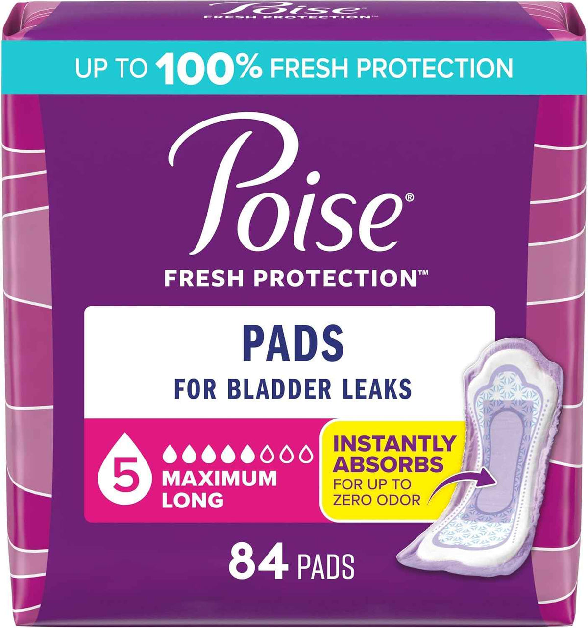 Poise Incontinence & Postpartum Pads for Bladder Leaks, 5 Drop Maximum Absorbency, Long Length, 84 Count, Packaging May Vary