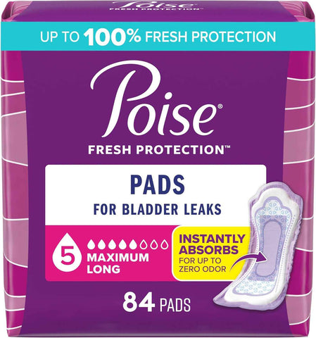 Poise Incontinence & Postpartum Pads for Bladder Leaks, 5 Drop Maximum Absorbency, Long Length, 84 Count, Packaging May Vary