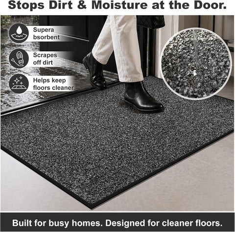 Mibao Super Absorbent Front Door Mat, 36" x 24", Non-Slip Washable Indoor Doormats, Low Profile Entryway Rug Outdoor, Dirt Resistant Welcome Mats for Front and Back Door Entrance, Grey