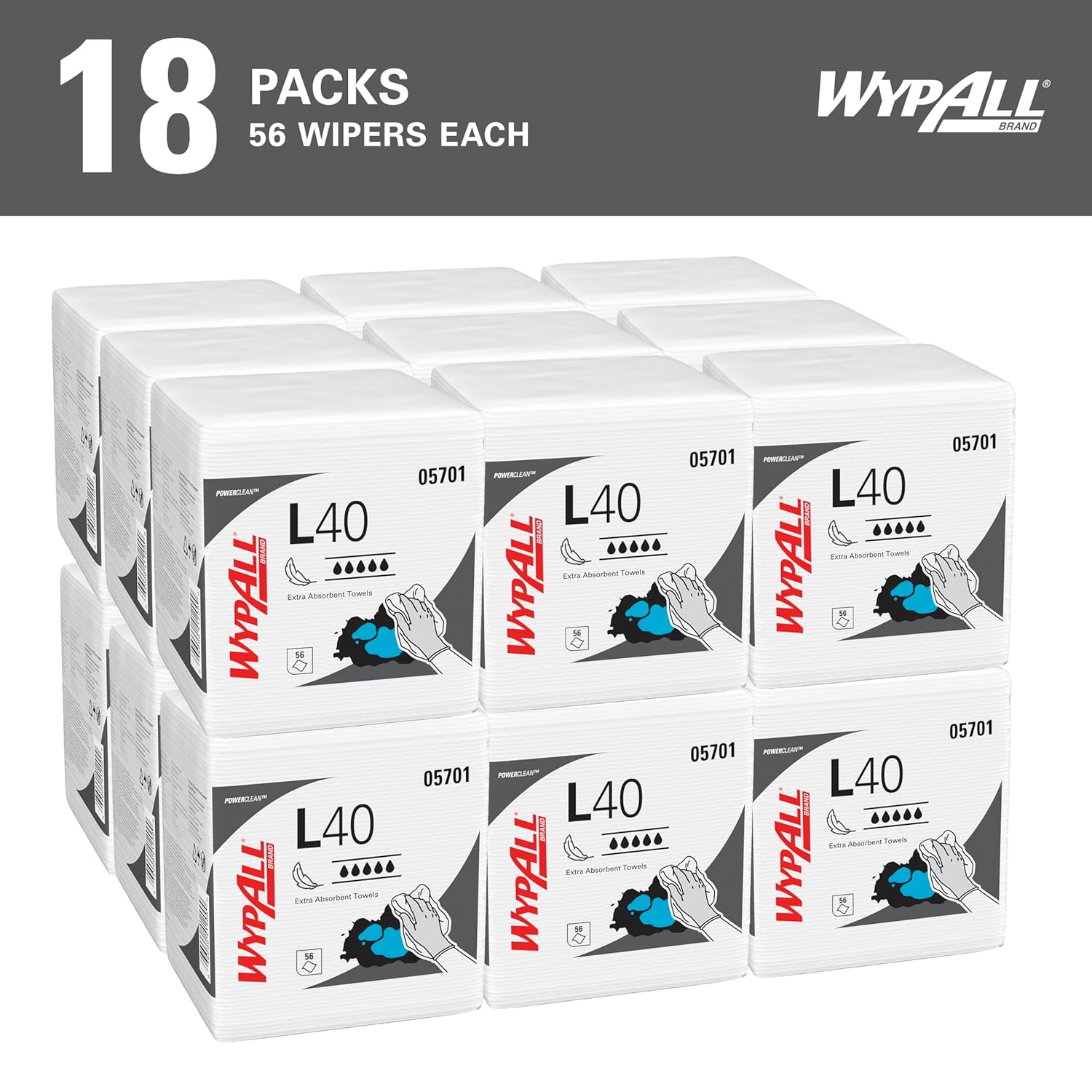 Wypall PowerClean L40 Extra Absorbent Towels, 18 Packs x 56 Sheets (05701)