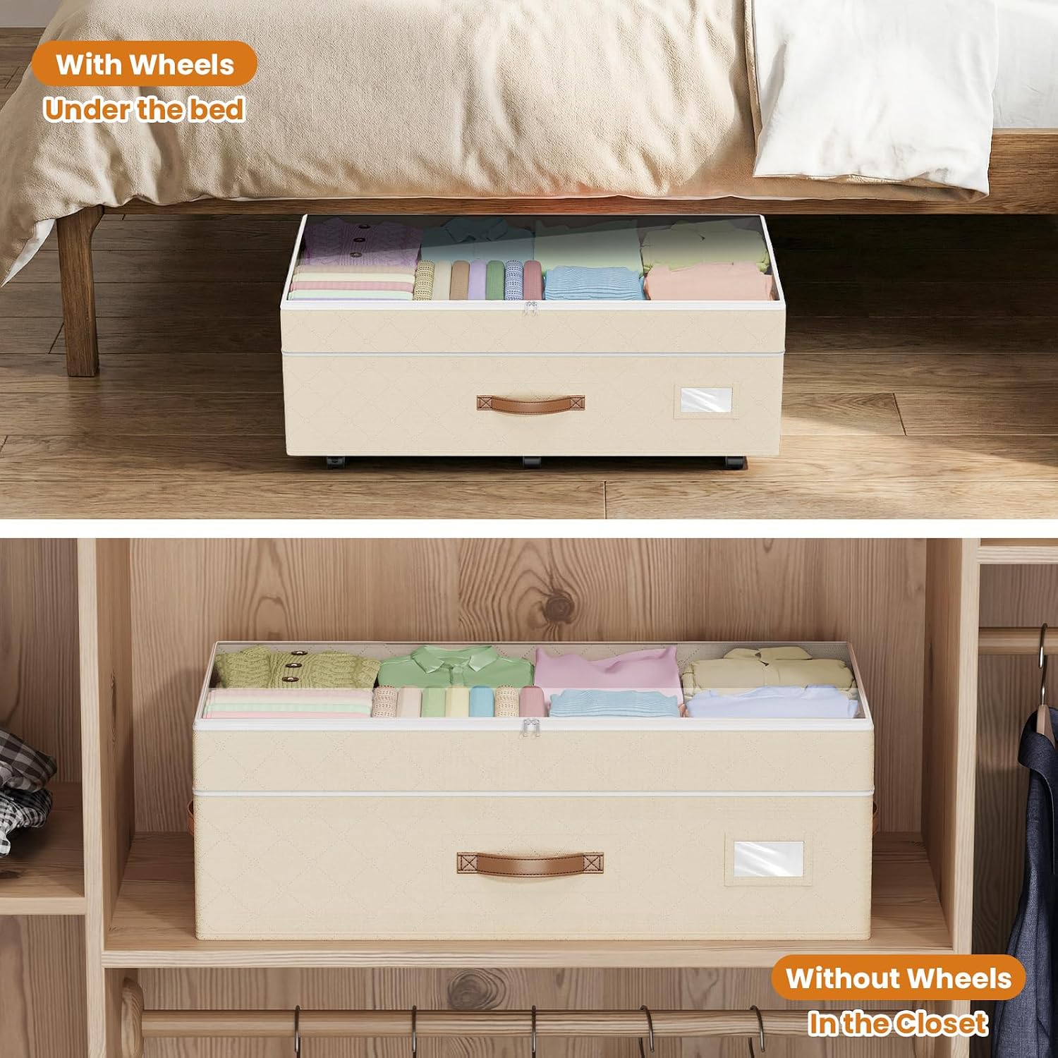 Budding Joy 80L 2 Pack Adjustable Under Bed Storage with Wheels, Beige