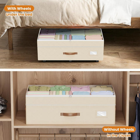 Budding Joy 80L 2 Pack Adjustable Under Bed Storage with Wheels, Beige
