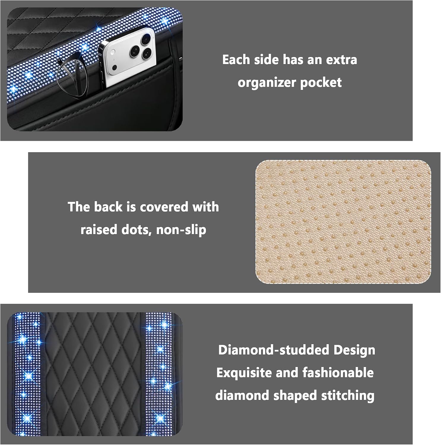 Stacool Upgraded Car Center Console Cover with Rhinestones,Microfiber Leather Car Armrest Cover Cushion with 2 Storage Bags,Universal Cars Armrest Storage Box as Cars Interior Accessories