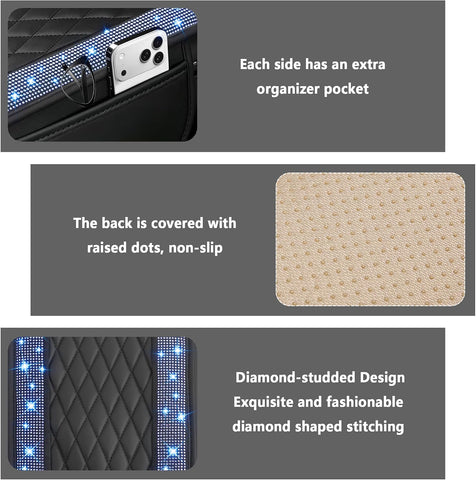 Stacool Upgraded Car Center Console Cover with Rhinestones,Microfiber Leather Car Armrest Cover Cushion with 2 Storage Bags,Universal Cars Armrest Storage Box as Cars Interior Accessories
