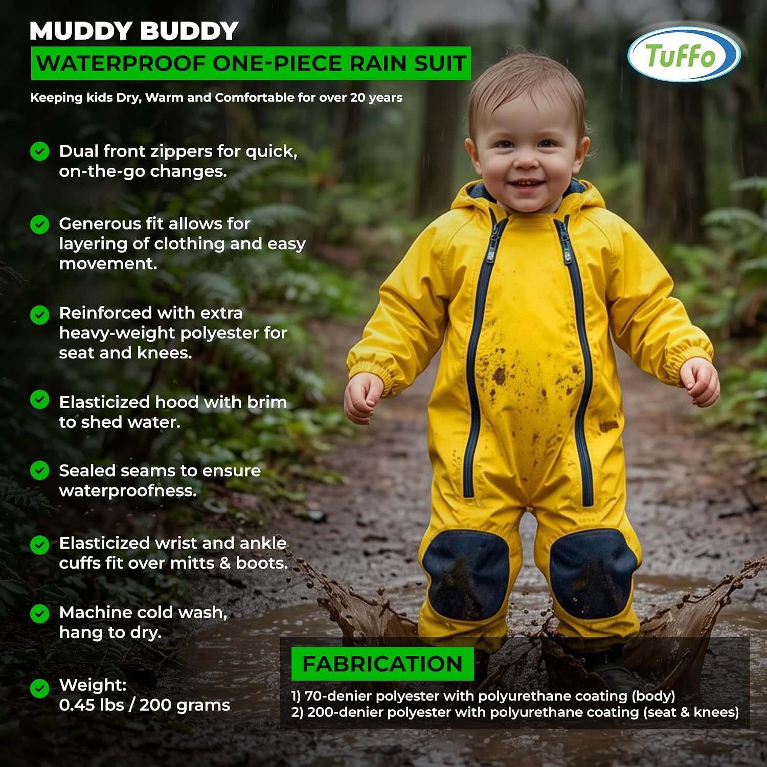 Tuffo Muddy Buddy Kids Waterproof Rain Suit One-Piece Coverall, Dual Zippers, Sealed Seams, Reinforced Knees – Boys & Girls