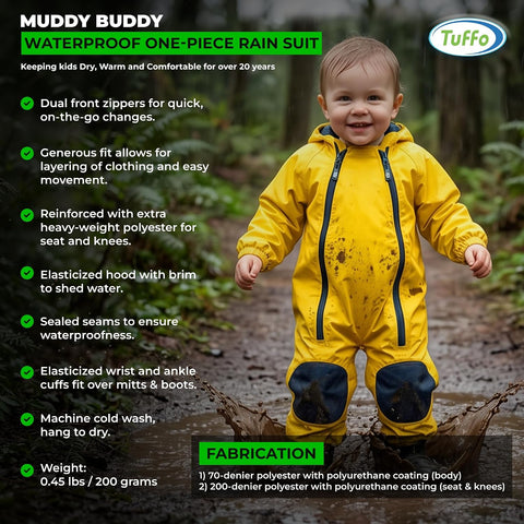 Tuffo Muddy Buddy Kids Waterproof Rain Suit One-Piece Coverall, Dual Zippers, Sealed Seams, Reinforced Knees – Boys & Girls