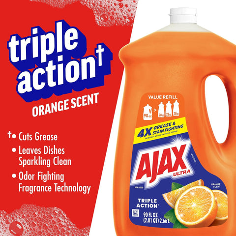 Ajax Ultra Liquid Dish Soap, Triple Action, Orange Scent, 90 fl oz