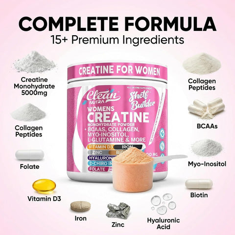 Creatine for Women | Creatine Monohydrate + BCAA Powder Myo-Inositol Collagen Biotin Hyaluronic Acid Folate L Glutamine Vitamin D3 Iron Zinc D-Chiro-Maca Digestion Shelf Builder By Clean Nutra