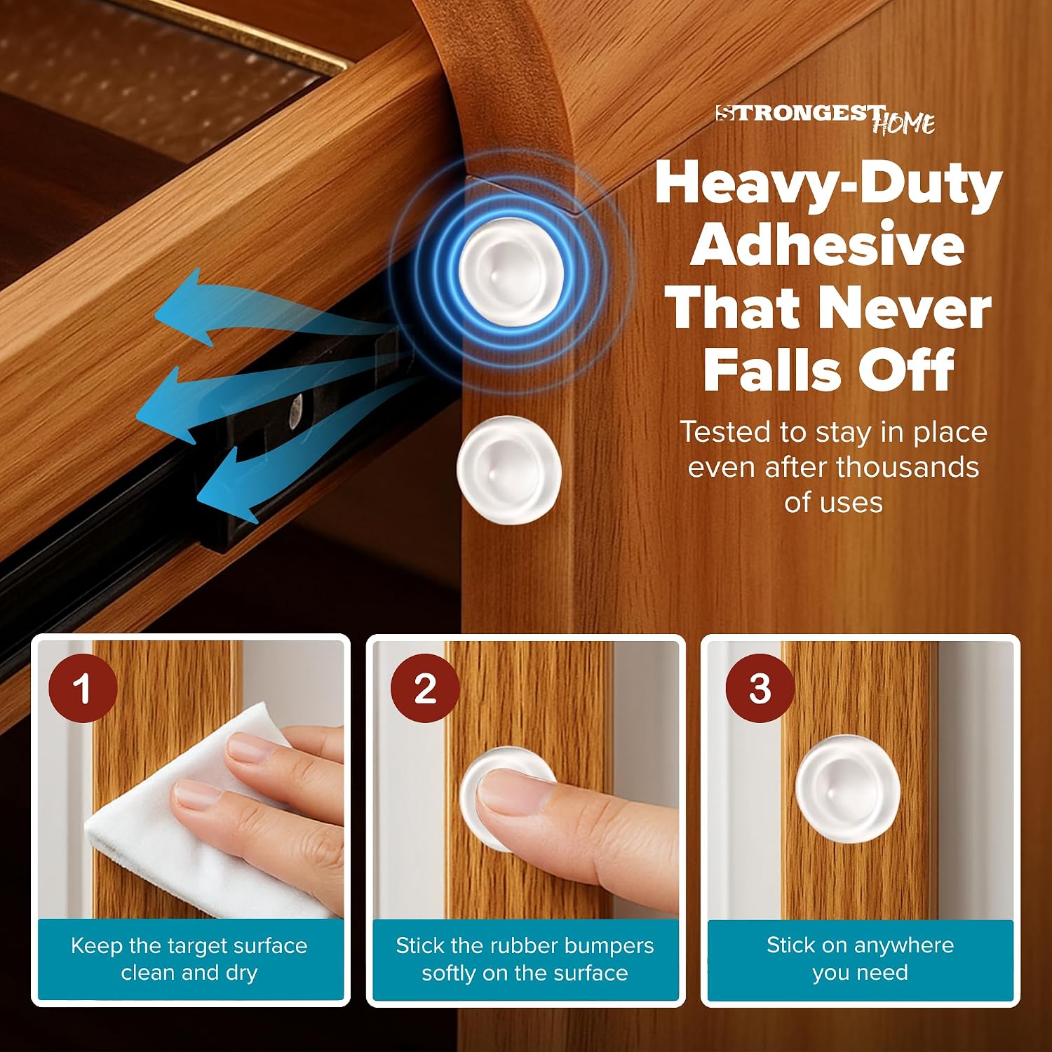 STRONGEST HOME Cabinet Door Bumper 200 Pack Clear Rubber - Self Adhesive Stoppers for Quiet Close Protection - Drawer Pads for Furniture and Surface Cushioning - 0.5 x 0.2 Inch