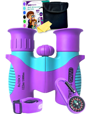 Kids Binoculars 8x21 Purple- Girls Age 3-12, Shock Proof Compact Binoculars for Kids Set- Neck Strap, Compass, Carabiner, Case- High-Resolution Optics Child Gift Toy for Bird Watching, Camping, Travel