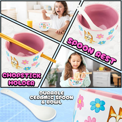 Get Trend Bluey Ceramic Ramen Bowl 3 Pc Set with Bamboo Chopsticks, Spoon for Kids Teens Adults, 20oz Noodle Bowl, Microwave Safe, Gifts for Kids (Multi Bluey)