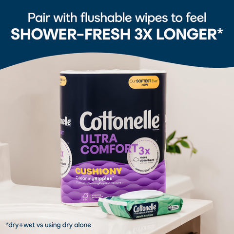 Cottonelle Ultra Comfort Toilet Paper with Cushiony CleaningRipples Texture, 24 Family Mega Rolls (24 Family Mega Rolls = 108 Regular Rolls) (4 Packs of 6), 296 Sheets per Roll, Packaging May Vary