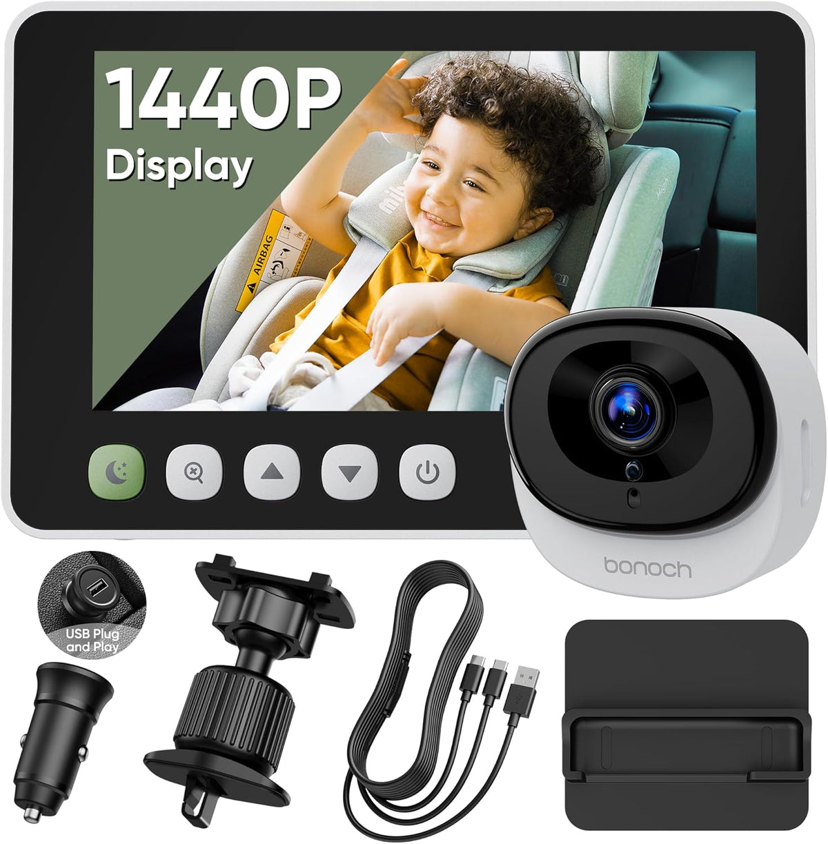bonoch 5" 1440P Baby Car Camera, Clearest Monitor, 360° Rotating Wide View