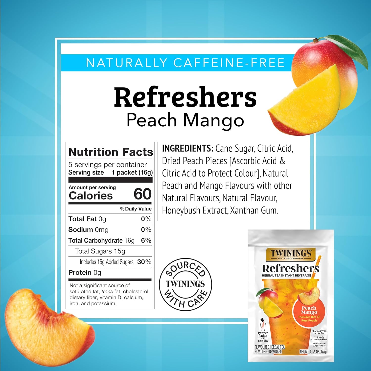 Twinings Peach Mango Refreshers, Herbal Tea Instant Beverage with Real Peach Fruit Bits, 5 Count (Pack of 6), Café Style, No Artificial Sweeteners, Naturally Caffeine-Free Refreshment, 30 Packets