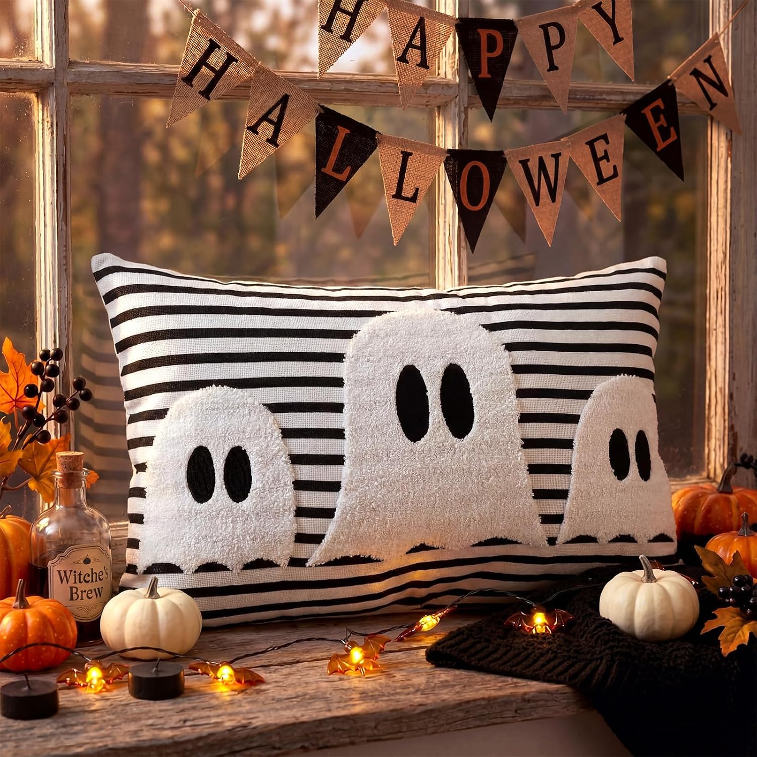 Boao Halloween Ghost Pillow Covers 12x20 Spooky Black and White Striped