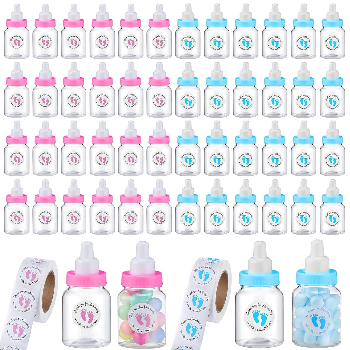 Tondiamo 48 Pcs Blue Pink Baby Shower Mini Bottle Favors 1. 5 x 3. 5 Inch Baby Shower Candy Jar Mini Milk Bottle Party Favor Fillable Gift Boxes for Birthday Party Decorations