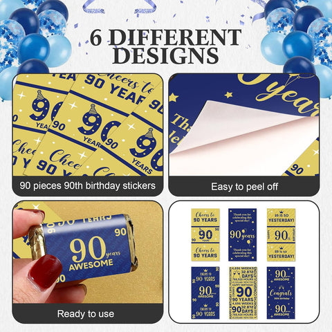 Tenare 90 Pcs 90th Birthday Candy Wrappers, Blue and Gold Stickers