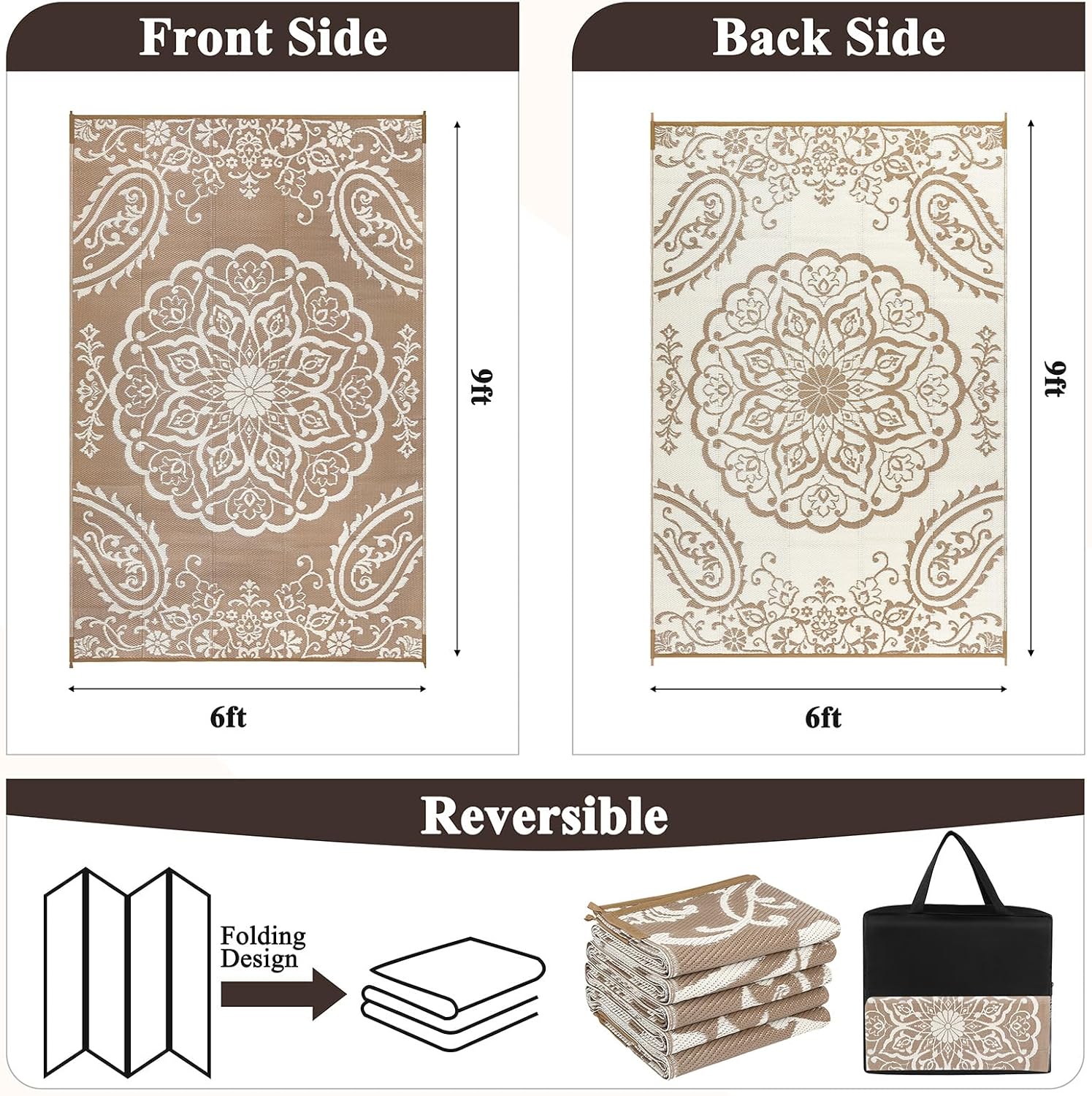 Pauwer Outdoor Rug 6x9, Waterproof Plastic Straw Camping Rug, Boho Brown