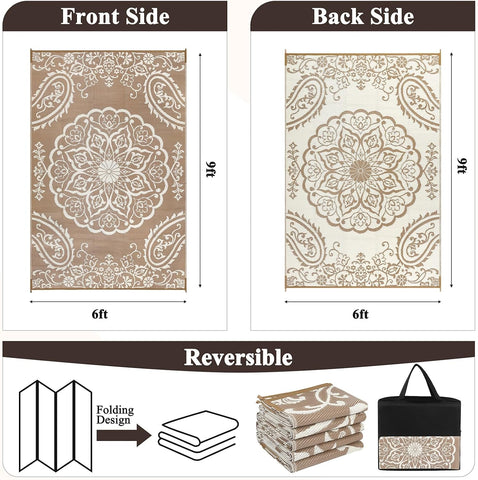 Pauwer Outdoor Rug 6x9, Waterproof Plastic Straw Camping Rug, Boho Brown