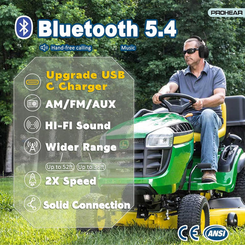 PROHEAR 033 AM FM Bluetooth 5.4 Radio Headphones - USB C Rechargeable 1500mAh Battery - Radio Headset Hearing Protection 31dB SNR - 58Hrs Playtime - Ear Protector for Mowing Lawn, Gifts for Father
