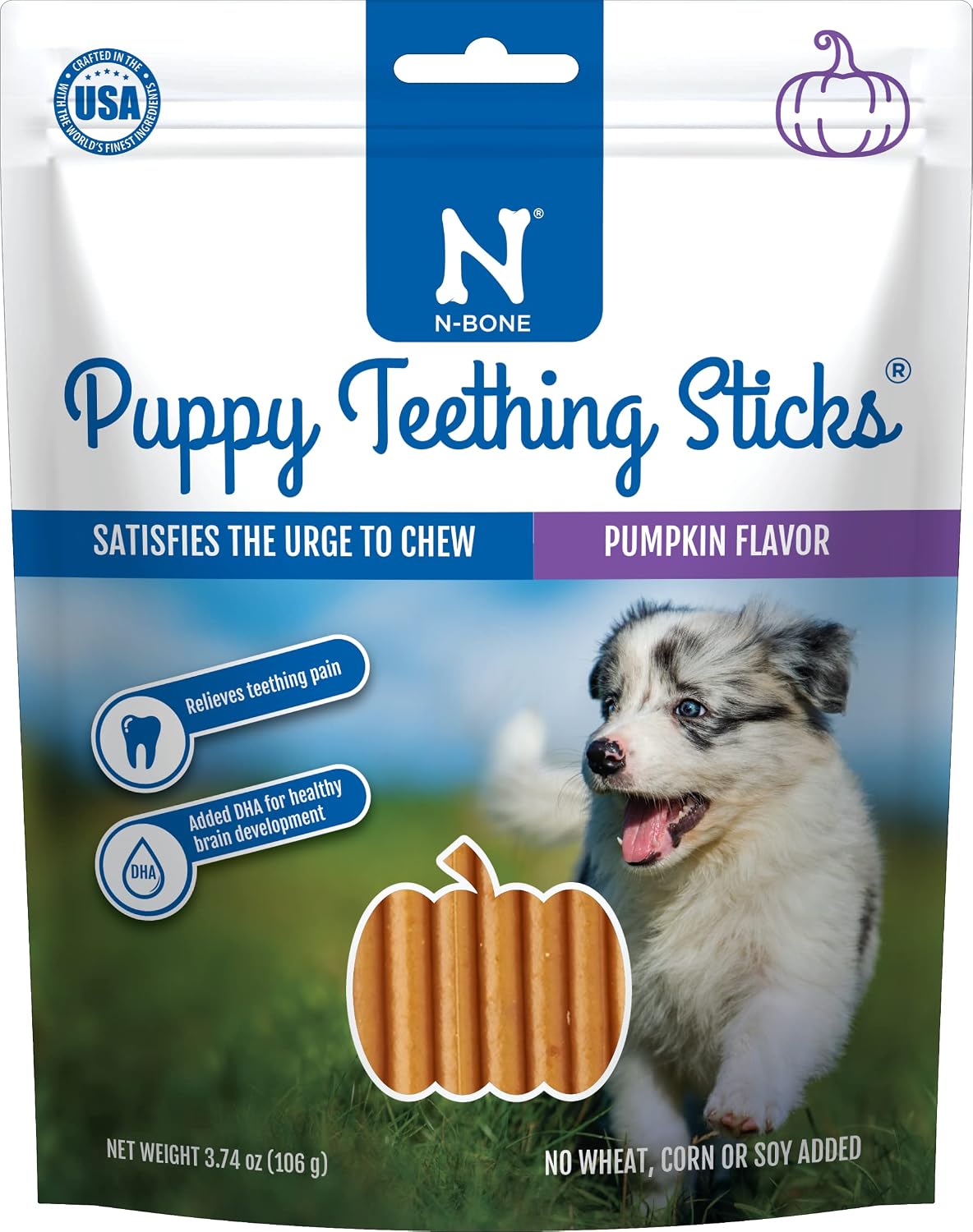 N-Bone Puppy Teething Sticks, Pumpkin Flavor, Natural Puppy Chew Sticks & Teething Treats, SQF Certified, Made with Rice Flour for Easy Digestion, Calcium Enriched (3.7oz)
