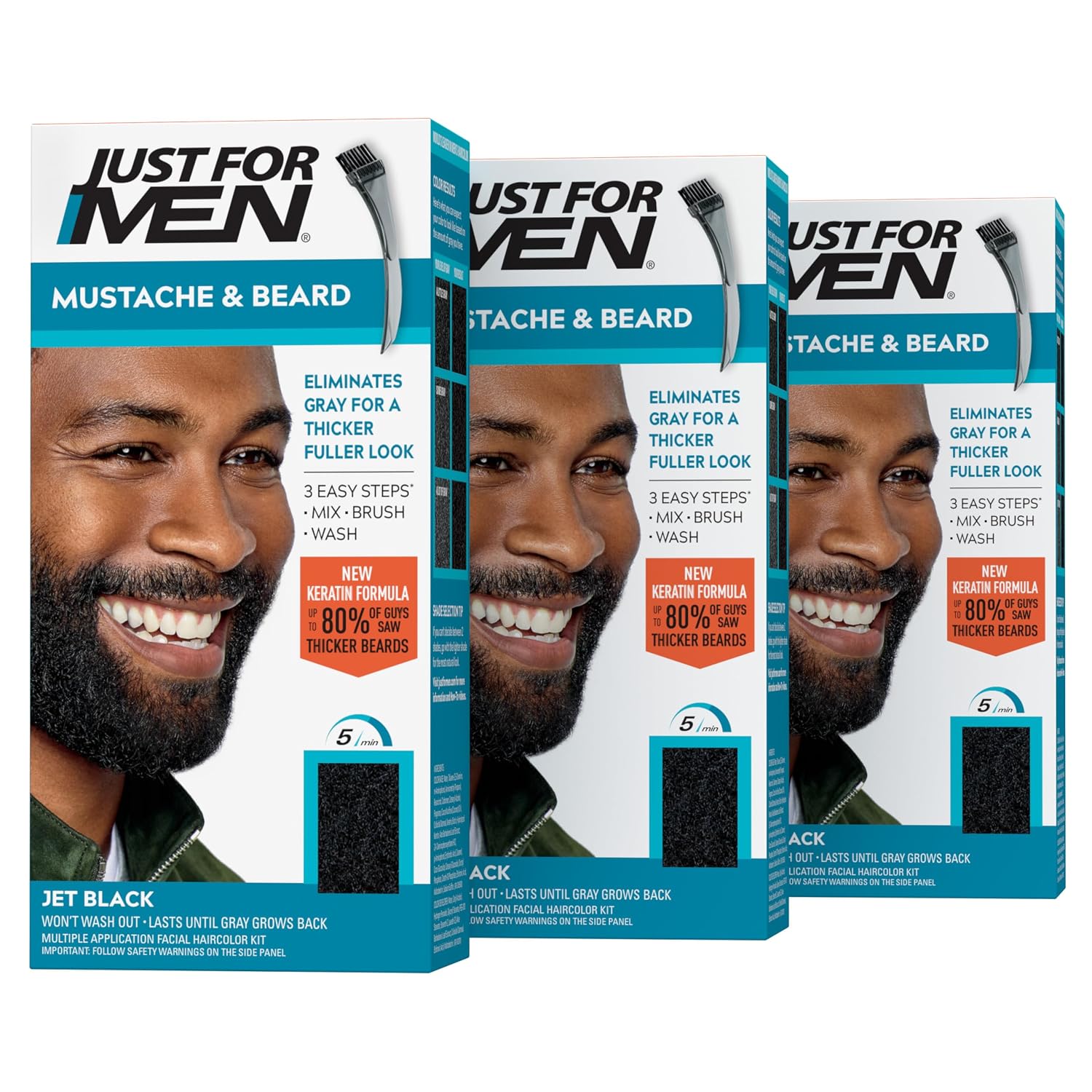 JUST FOR MEN Mustache & Beard Dye, Keratin, Jet Black M-60 (3 Pack) | Mustache & Beard color jet black designed for facial hair to instantly eliminate gray. Enhanced with keratin & biotin.