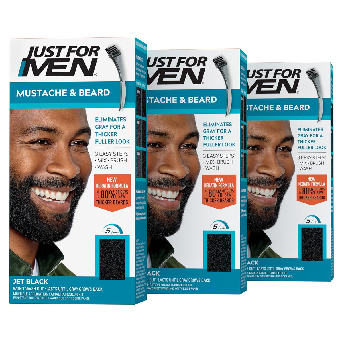 JUST FOR MEN Mustache & Beard Dye, Keratin, Jet Black M-60 (3 Pack) | Mustache & Beard color jet black designed for facial hair to instantly eliminate gray. Enhanced with keratin & biotin.