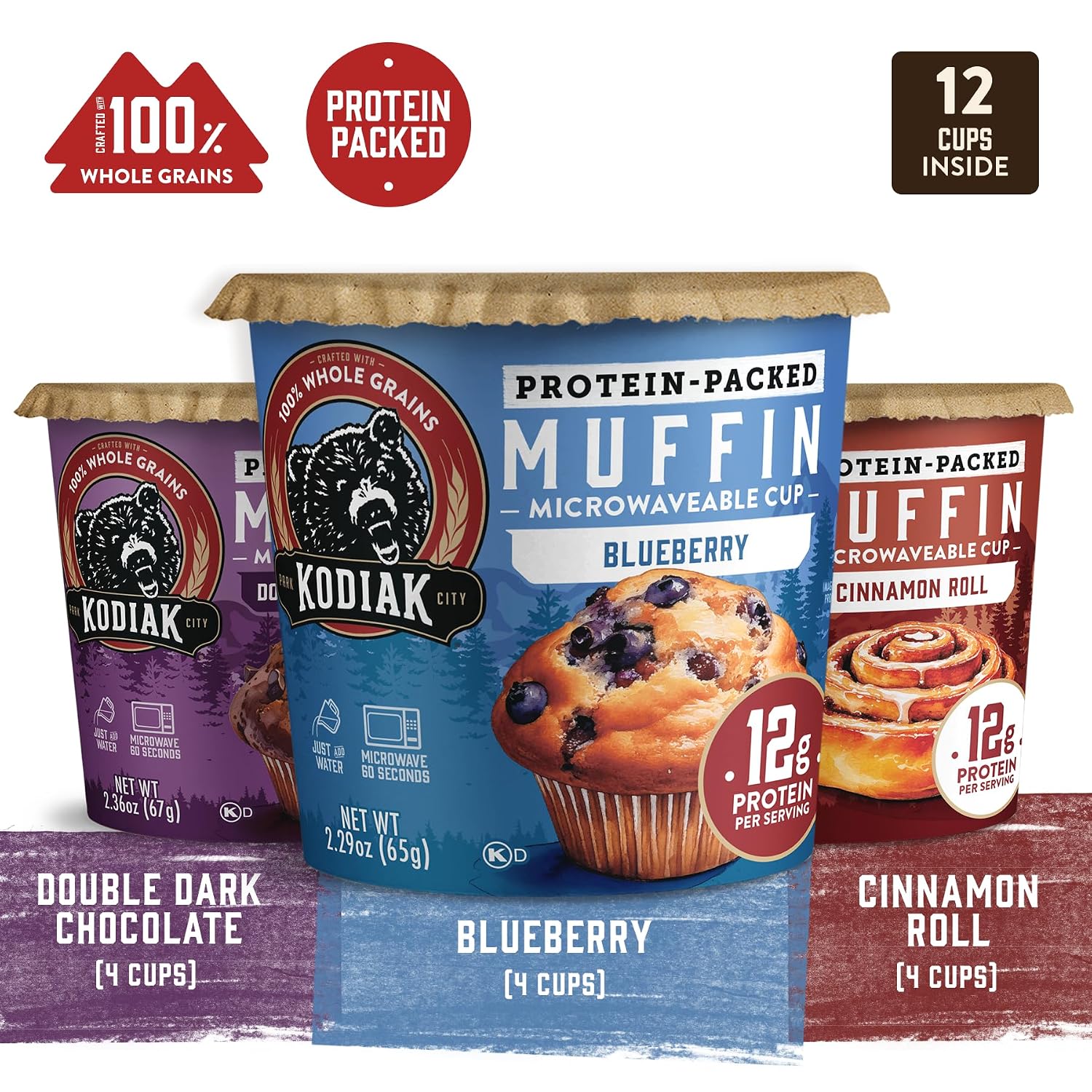 Kodiak Muffin Cup Variety Pack, Whole Grain, High Protein Muffins,12pk