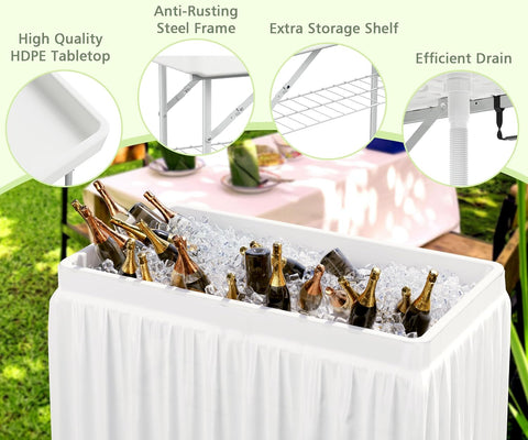 LHBcraft 4 Foot Folding Party Ice Cooler Table, Portable Tailgate Camp Fishing Cleaning, Ice Table with Matching Skirt & Drain Hose, Cooler for Events for Party, Picnic, BBQ, Camping, White